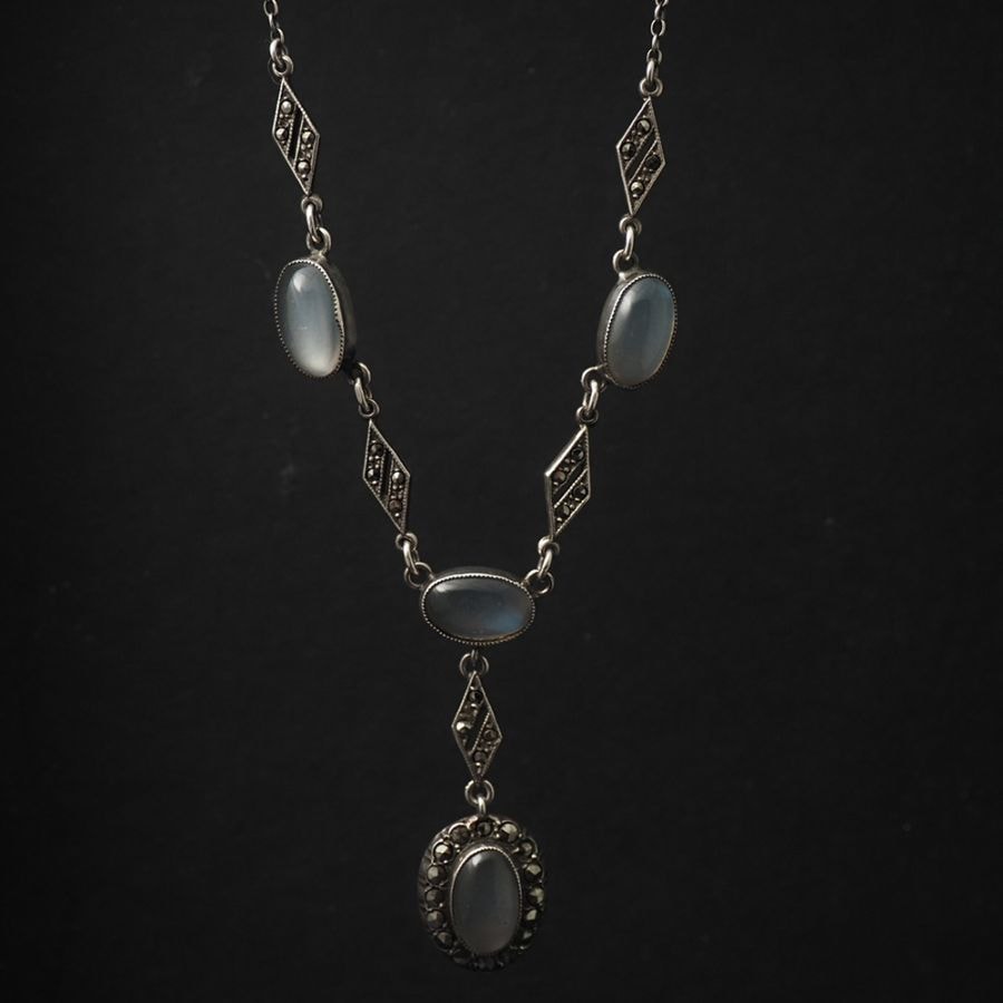 天然ムーンストーン×マーカサイト アールデコ・シルバーネックレス