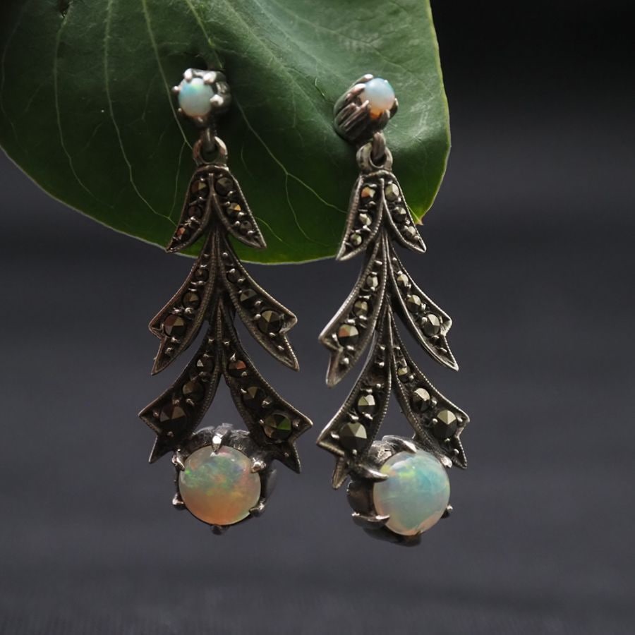 天然オパール×マーカサイト アールデコ・シルバーピアス