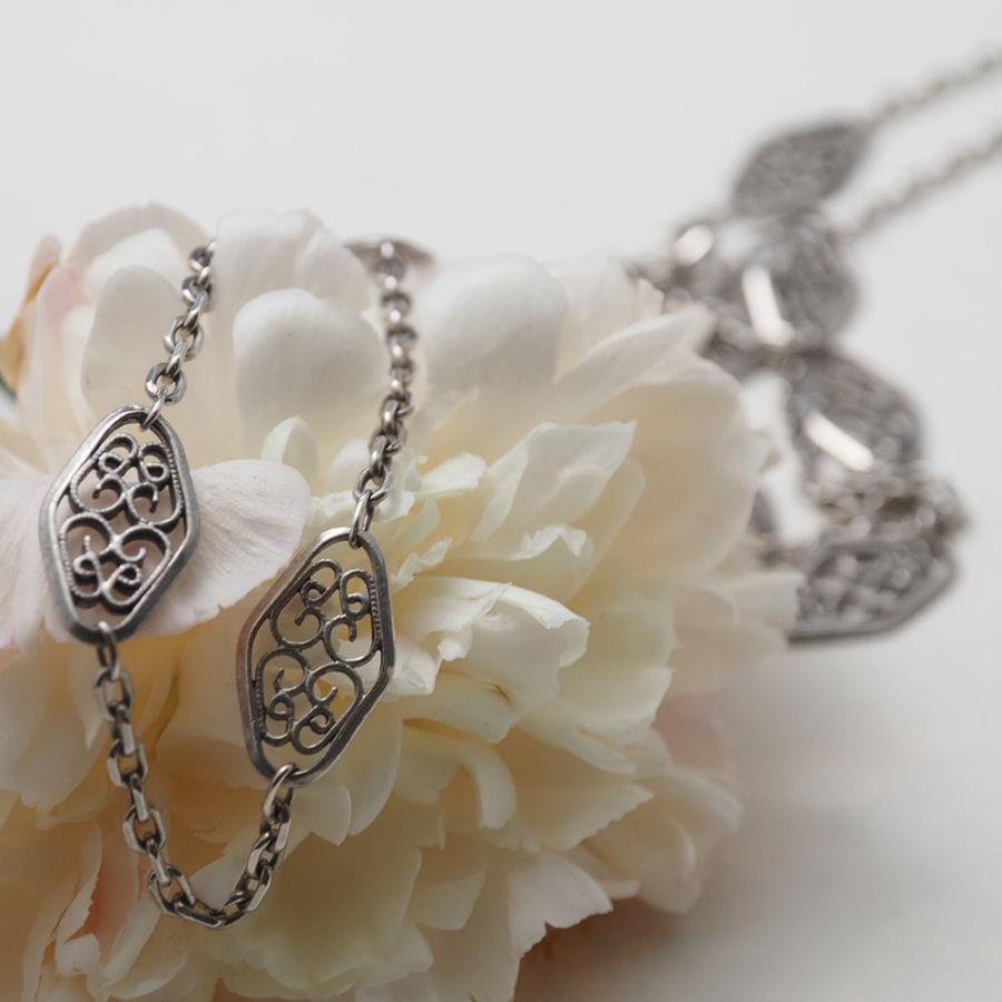 Sold outフレンチアンティーク シルバー・フィリグリー ステーションチェーン88cm