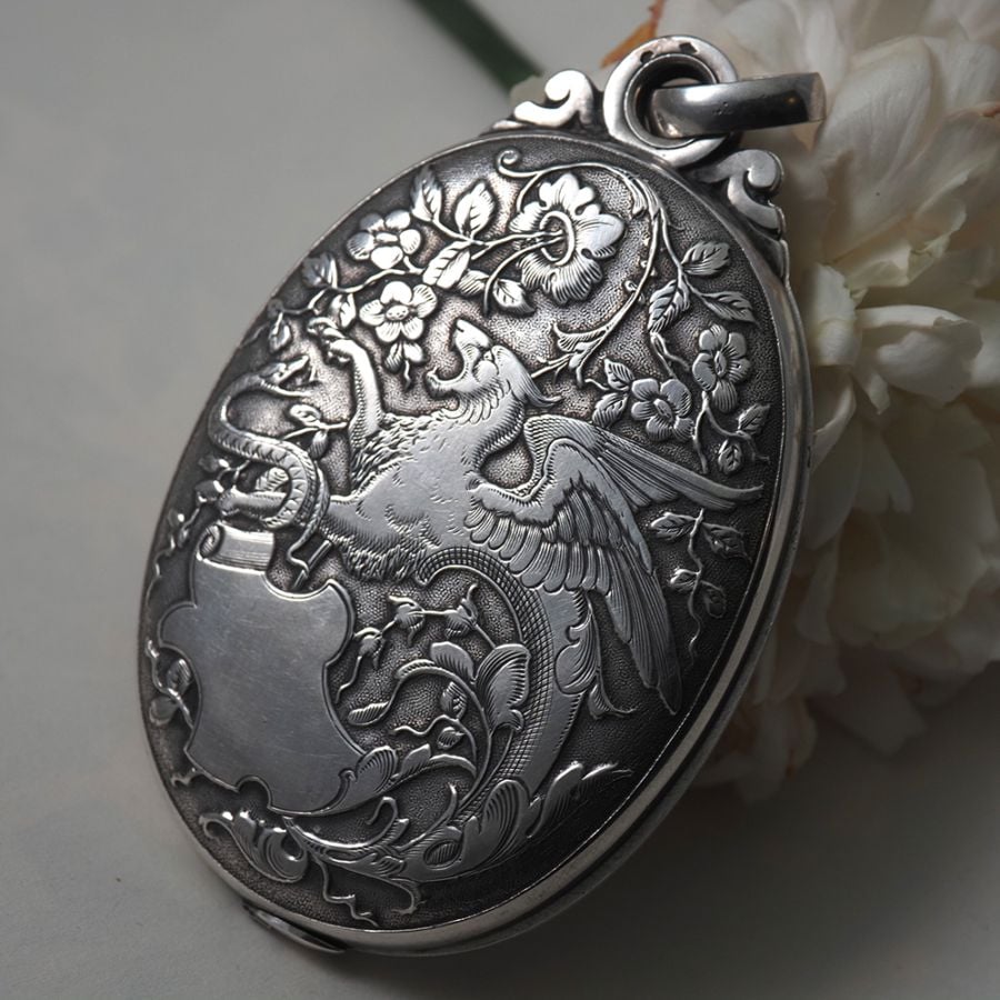 フレンチアンティーク 「グリフィンとヘビ」シルバー・スライドミラーペンダント