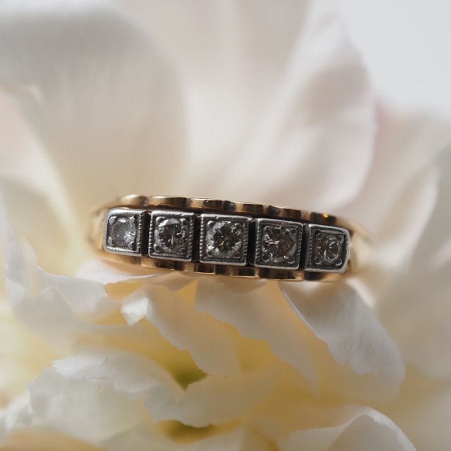 18金 天然オールドカットダイヤモンド 5石スクエア・一文字リング