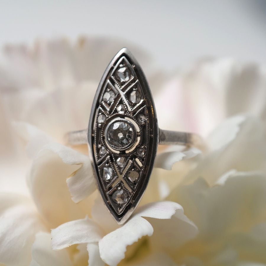 14金シルバー 天然ダイヤモンド マーキス・フィリグリーリング