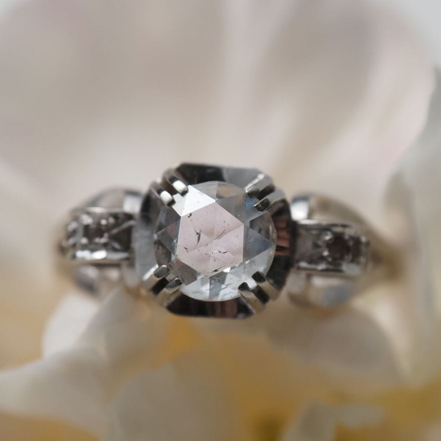 18金ホワイトゴールド 天然ローズカットダイヤモンド アールデコリング