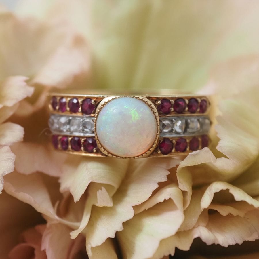 18金 天然オパール×ルビー×ローズカットダイヤモンド アールデコ・ワイドリング