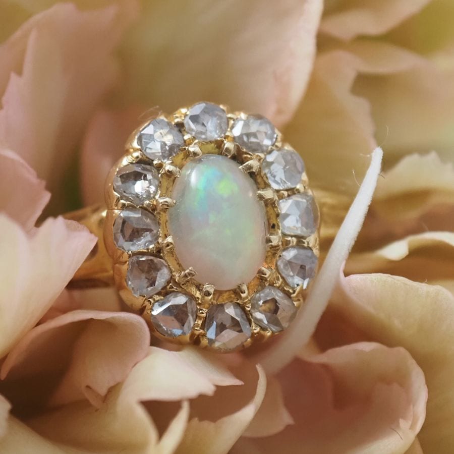 18金 天然オパール×ローズカットダイヤモンド クラスターリング