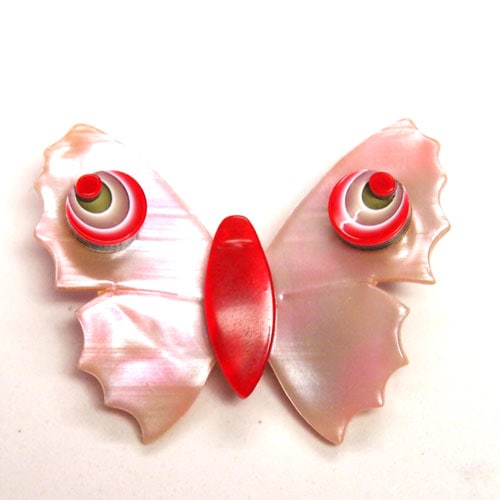 SOLD-Lea Stein リアスタン　ピンクバタフライドットブローチ