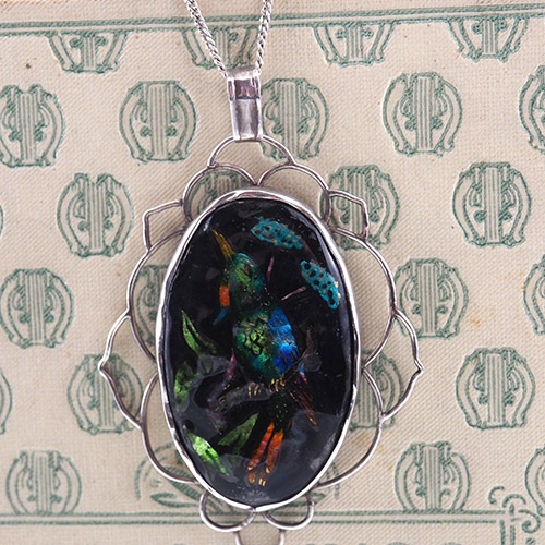 シルバー＆エナメル　鳥とキノコのペンダント