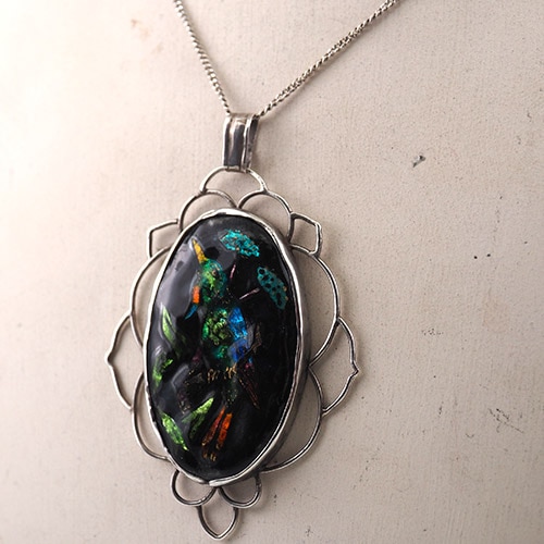 シルバー＆エナメル　鳥とキノコのペンダント