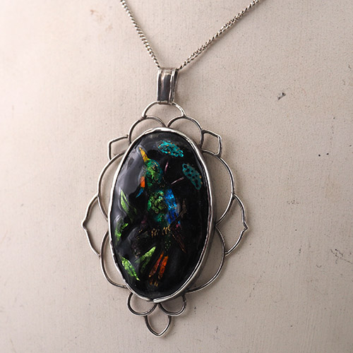 シルバー＆エナメル　鳥とキノコのペンダント