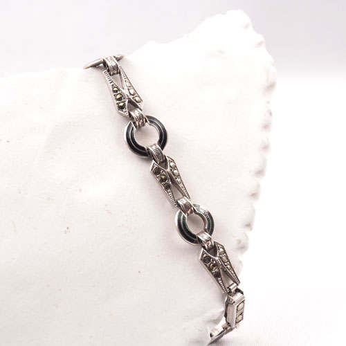 シルバー　ブラックエナメル＆マーカサイト　アールデコブレスレット