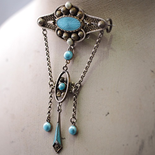 Bernard Hertz(デンマーク)シルバー 水色エナメル フィリグリーブローチ