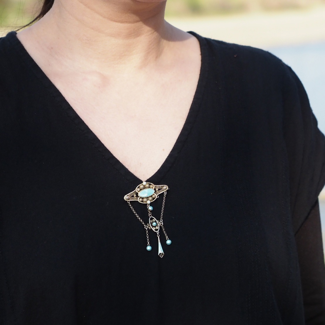 Bernard Hertz(デンマーク)シルバー 水色エナメル フィリグリーブローチ