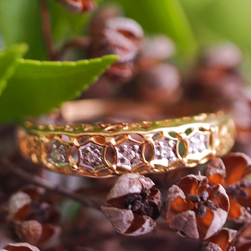 18金　スウェーデン　フィリグリ　5ダイヤモンド　リング（北欧　ビンテージジュエリー）