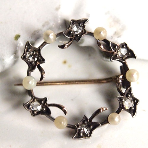 18金 シルバー ローズカットダイヤモンド&シードパール リースブローチ