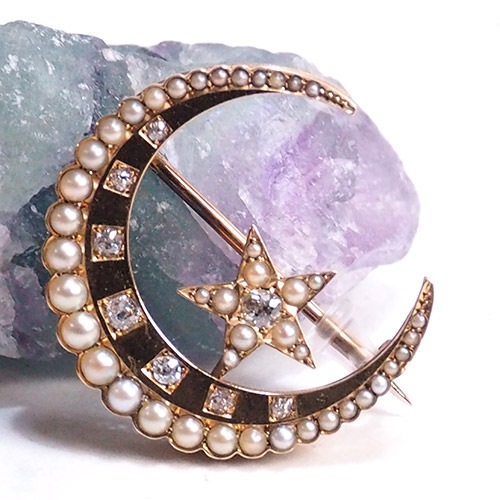 18金　ダイヤモンド＆シードパール　ムーン＆クレセントブローチ