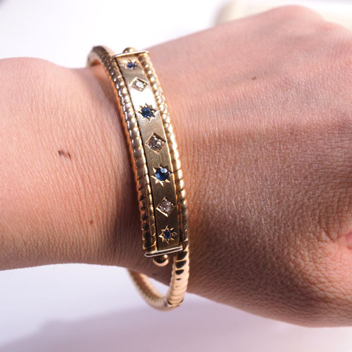 9金 天然ブルーサファイヤ&ダイヤモンド ヒンジバングル