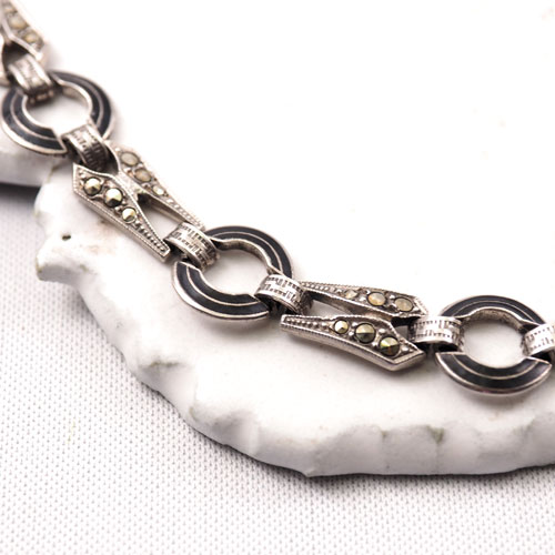 シルバー　ブラックエナメル＆マーカサイト　アールデコブレスレット