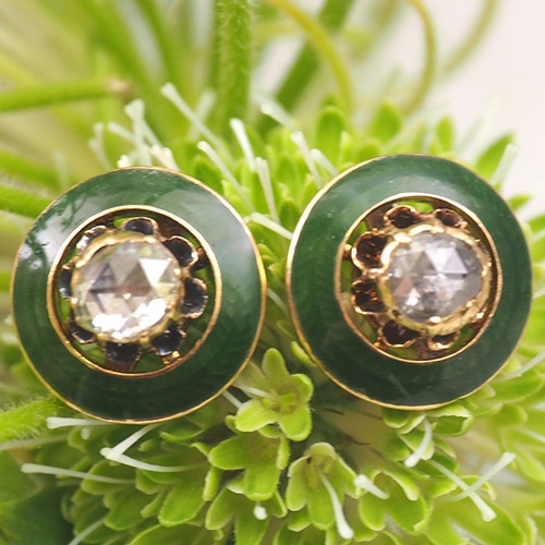 14金　グリーンエナメル＆ローズカットダイヤモンド　ピアス