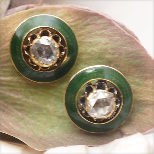 14金　グリーンエナメル＆ローズカットダイヤモンド　ピアス