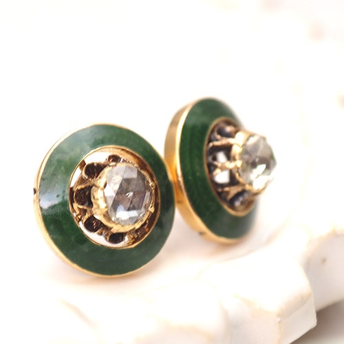 14金　グリーンエナメル＆ローズカットダイヤモンド　ピアス