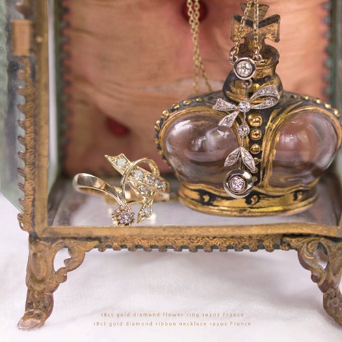 Nadjak品18金(´∀｀)フランスアンティーク 18金 ダイヤモンド フラワーリング（フランス アンティーク