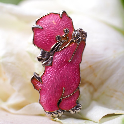 ノルウェイ シルバー ピンクエナメル キャットブローチ