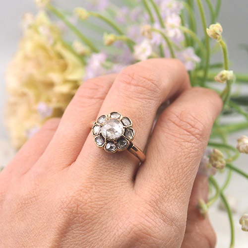 9金　ローズカットダイヤモンド クラスターリング(1.2cm)