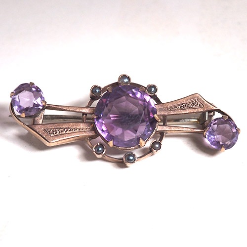 9金　アメシスト＆シードパール ブローチ　（アンティークジュエリー）