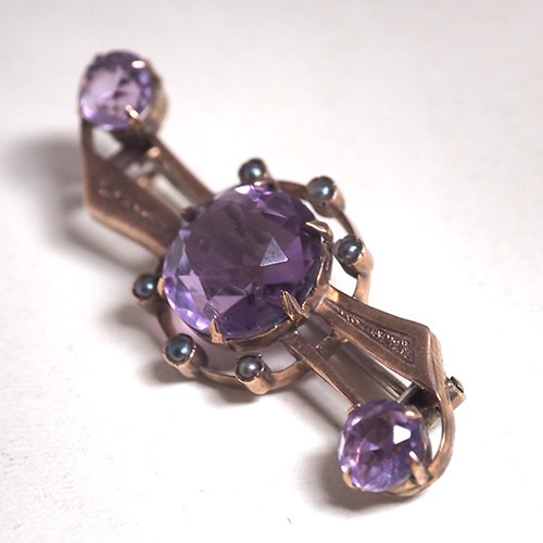 9金　アメシスト＆シードパール ブローチ　（アンティークジュエリー）