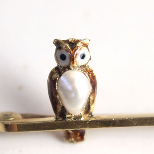 15金 エナメル＆バロックパール フクロウ ブローチ