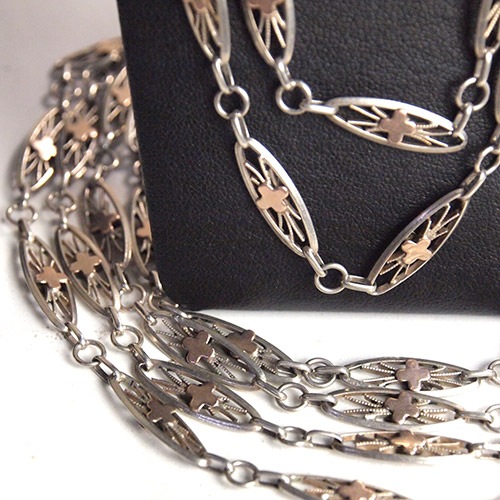 シルバー＆ゴールドプレート　クロス　フレンチフィリグリネックレス140cm