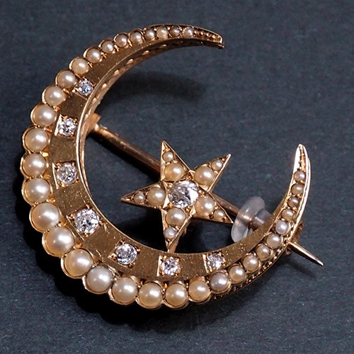 18金　ダイヤモンド＆シードパール　ムーン＆クレセントブローチ