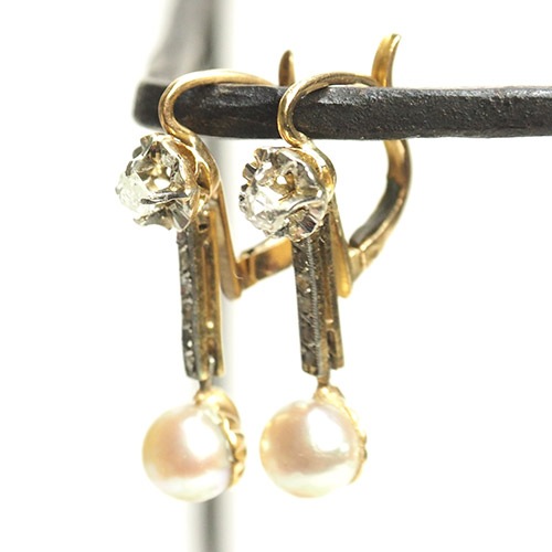 18金　パール＆ローズカットダイヤモンド　アールデコピアス