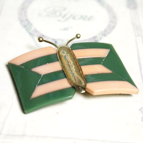 AUGUSTE BONAZ  オーギュストボナーズ　ピンク＆グリーン　アールデコバタフライブローチ