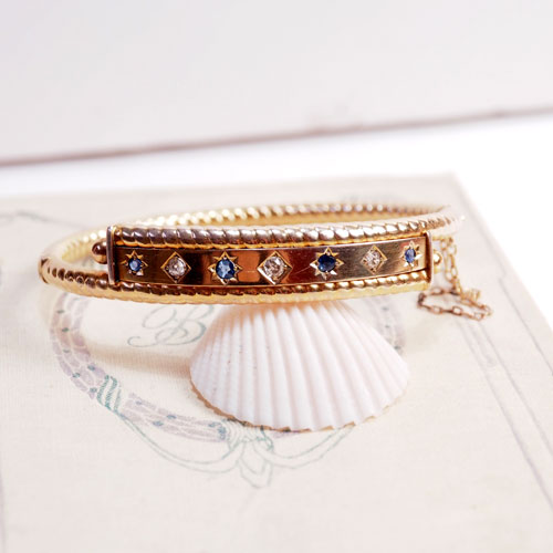 9金 天然ブルーサファイヤ&ダイヤモンド ヒンジバングル