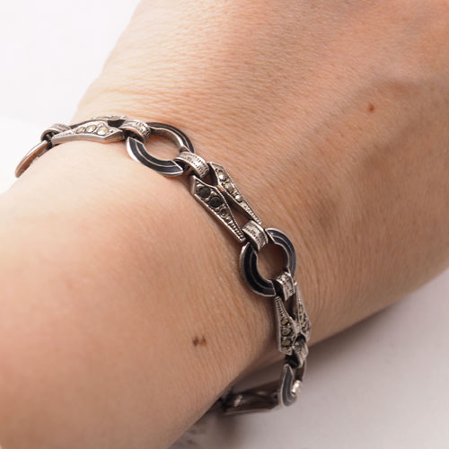 シルバー　ブラックエナメル＆マーカサイト　アールデコブレスレット