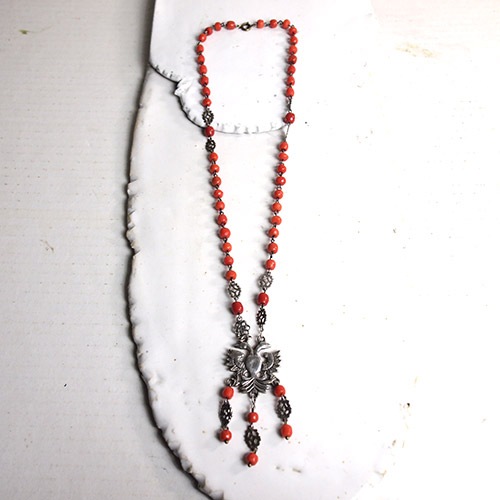 アンティークシルバー　ダブルヘッドイーグル コーラル　ネックレス