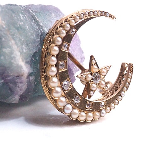 18金　ダイヤモンド＆シードパール　ムーン＆クレセントブローチ