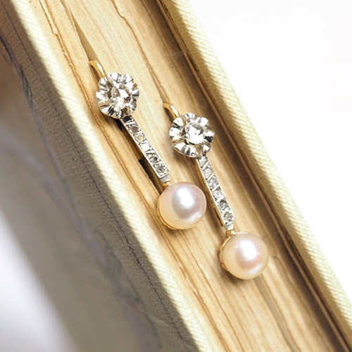 18金　パール＆ローズカットダイヤモンド　アールデコピアス