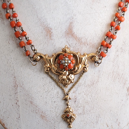 14金 シルバー コーラル&シードパール ネックレス