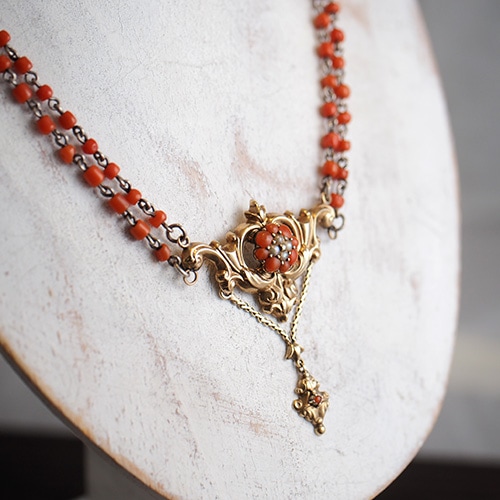 14金 シルバー コーラル&シードパール ネックレス