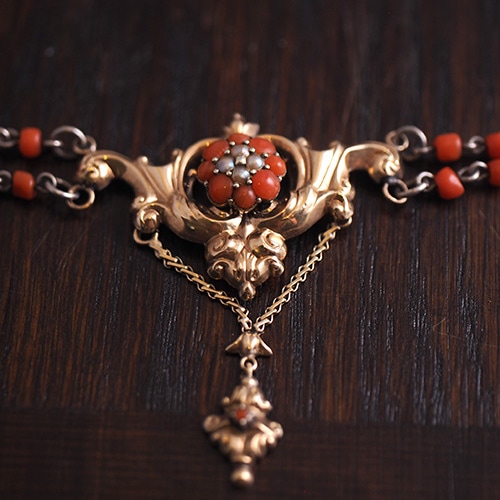 14金 シルバー コーラル&シードパール ネックレス