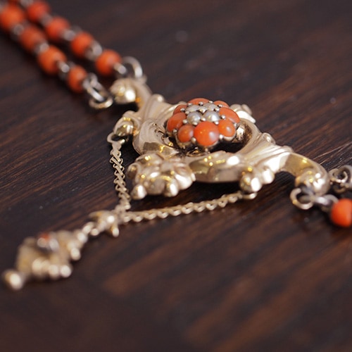 14金 シルバー コーラル&シードパール ネックレス