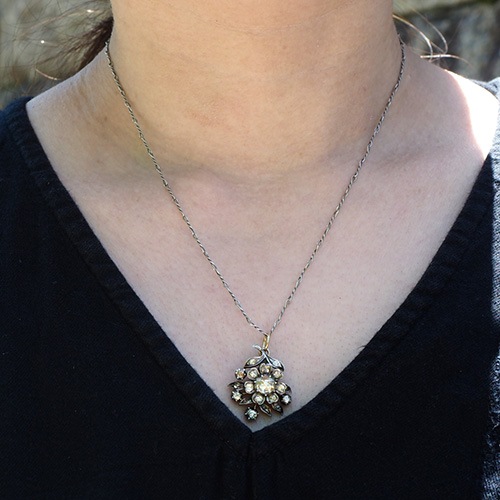 シルバー ジョージアン ローズカットダイヤモンド フラワーペンダント