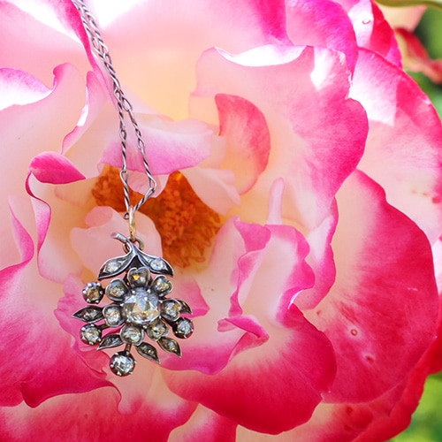 シルバー ジョージアン ローズカットダイヤモンド フラワーペンダント