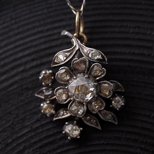 シルバー ジョージアン ローズカットダイヤモンド フラワーペンダント