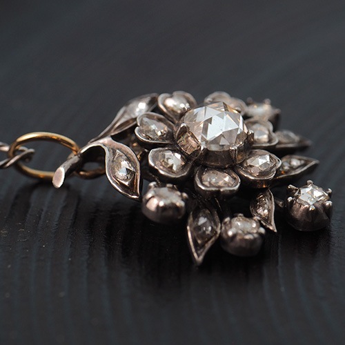 シルバー ジョージアン ローズカットダイヤモンド フラワーペンダント