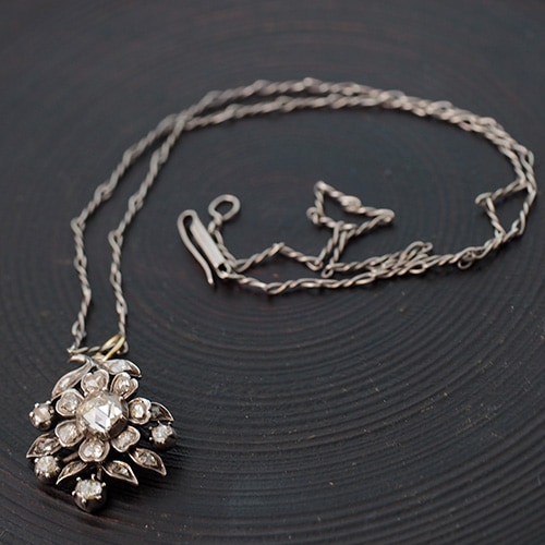 シルバー ジョージアン ローズカットダイヤモンド フラワーペンダント