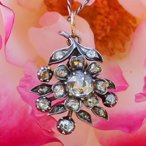 シルバー ジョージアン ローズカットダイヤモンド フラワーペンダント