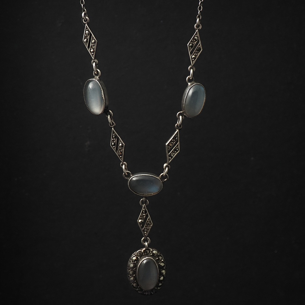 天然ムーンストーン×マーカサイト アールデコ・シルバーネックレス